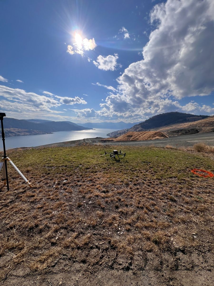 Swift Aerial Surveys drone and GPS base station overlooking Okanagan Lake, British Columbia