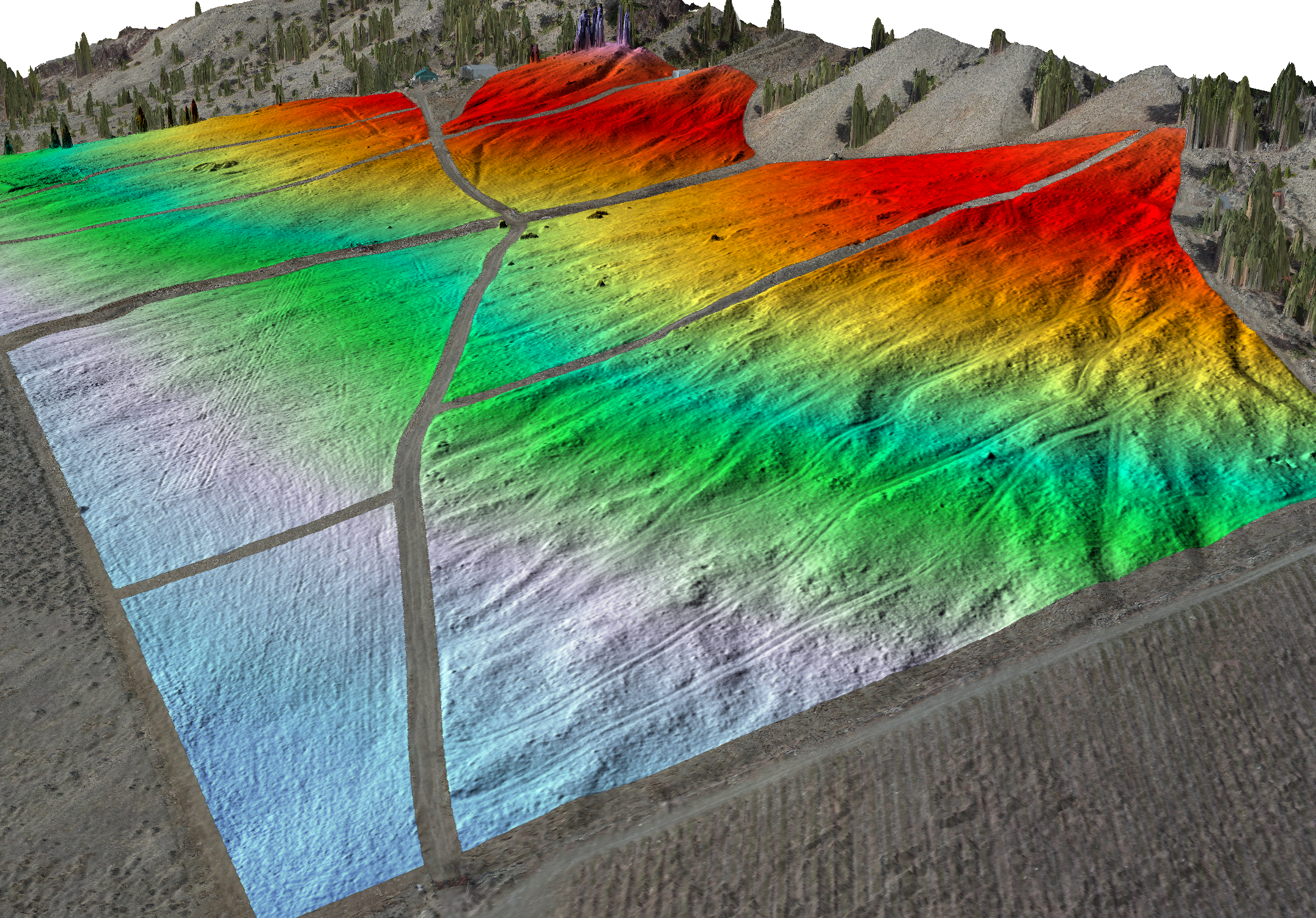3D elevation-coloured digital terrain model showing slope and terrain variation