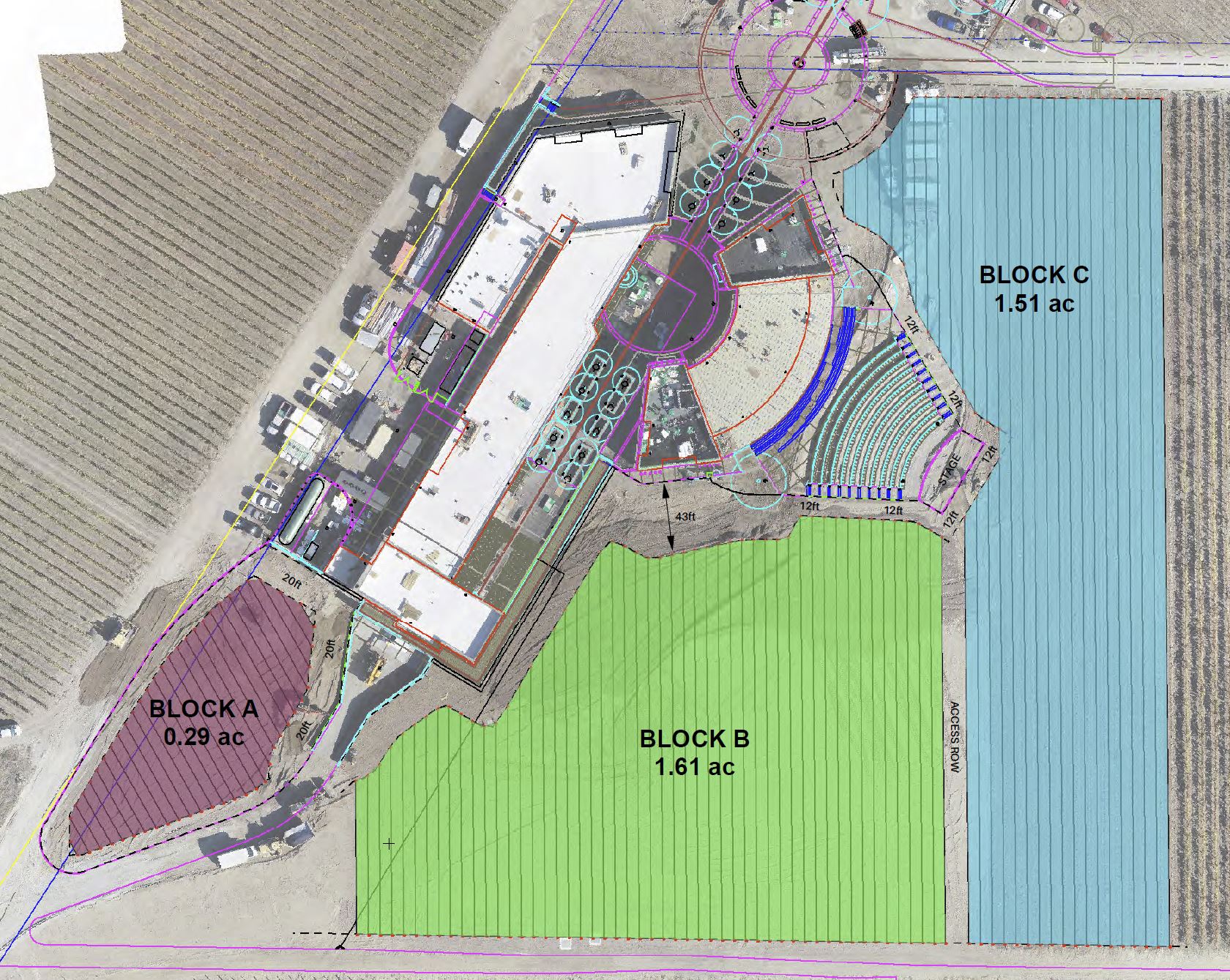 CAD drawing overlaid on aerial orthophoto showing site blocks and measurements