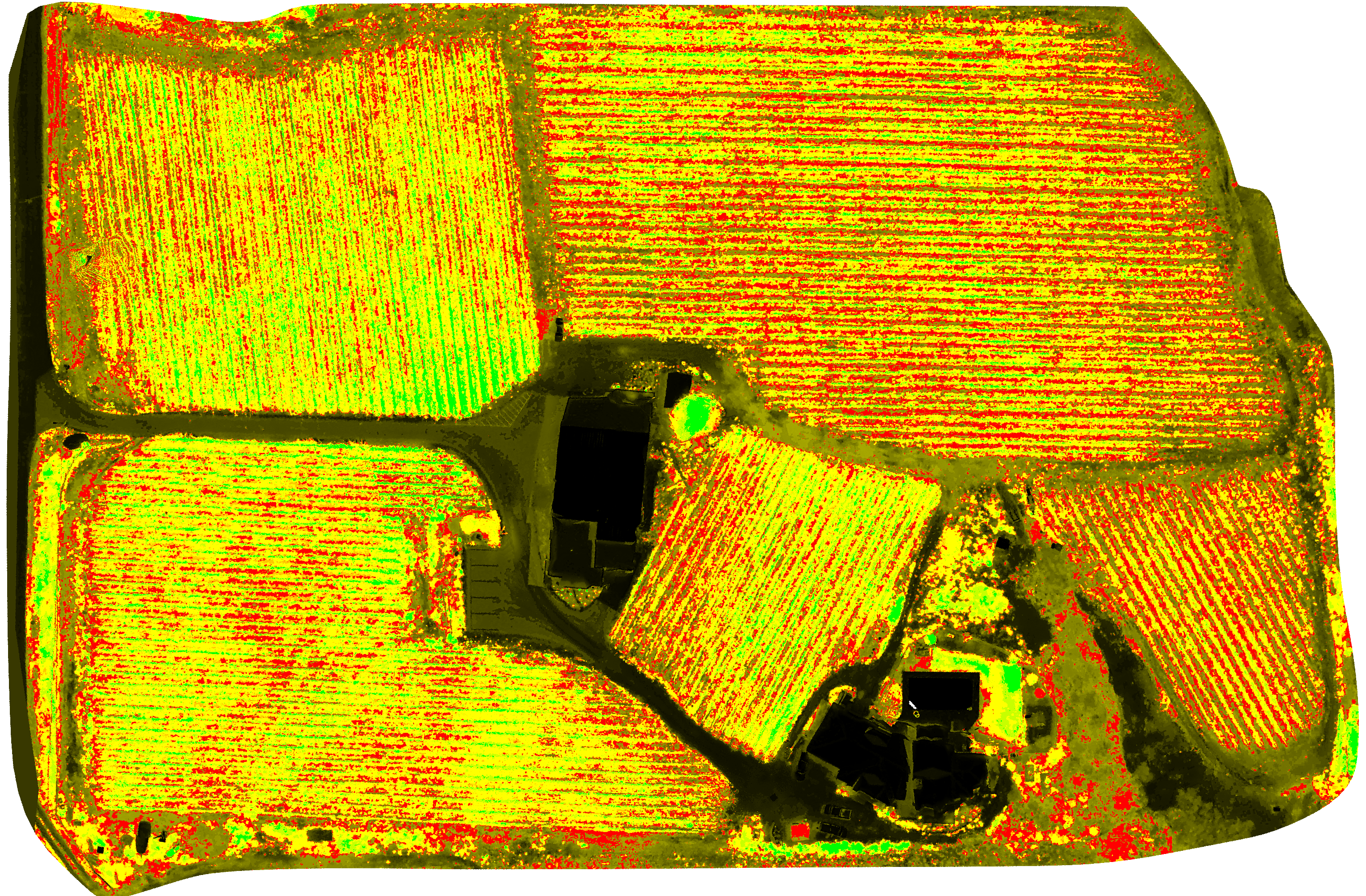 NDVI multispectral crop health analysis showing vegetation stress zones across farm fields
