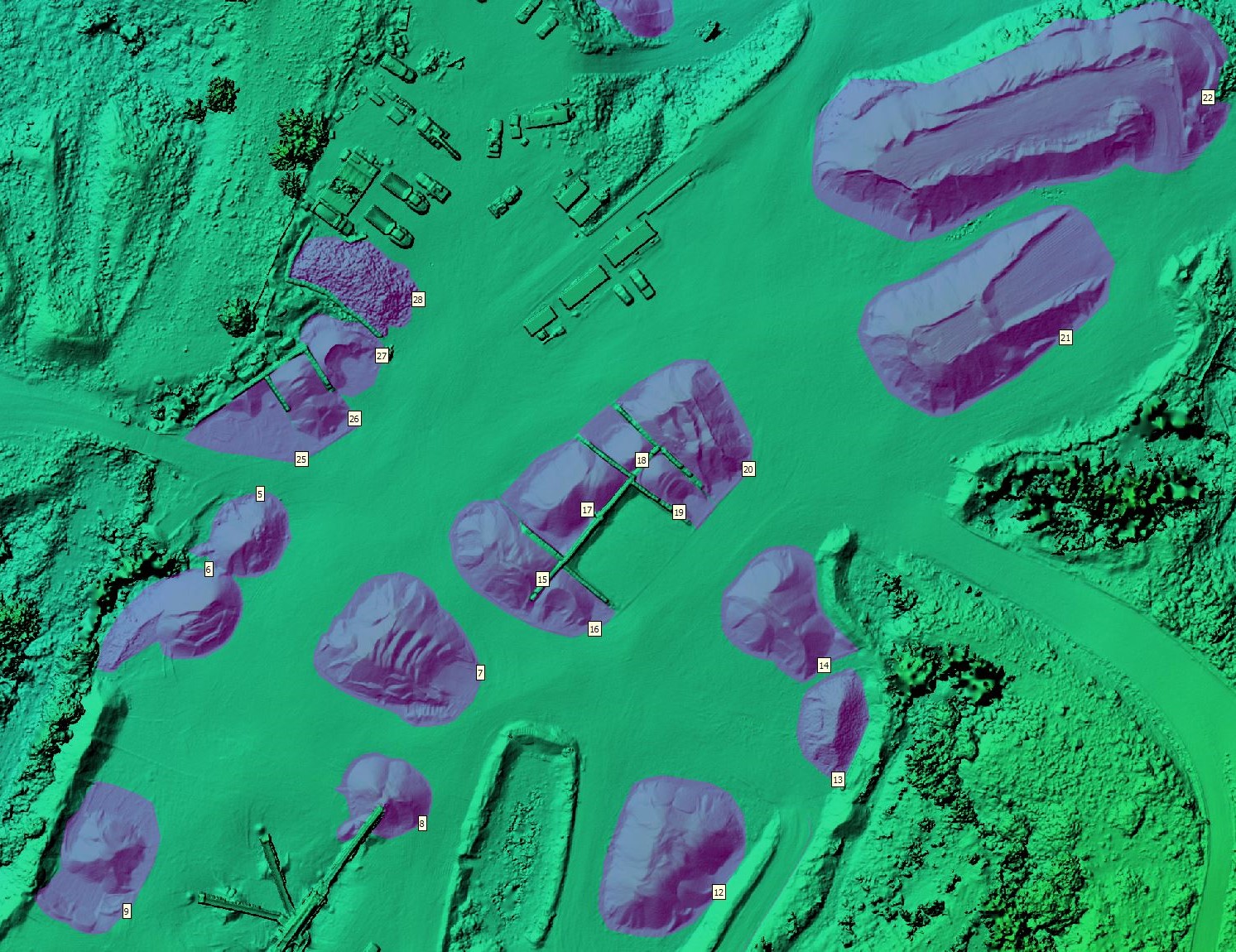 Numbered stockpile volume measurements on colour-coded digital surface model